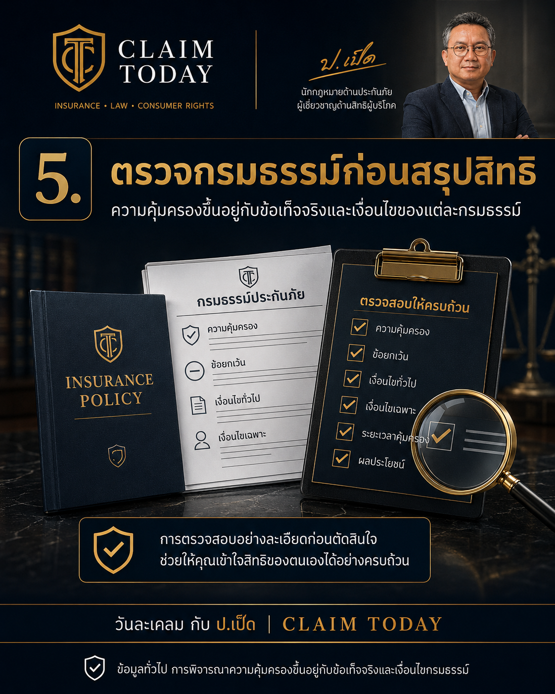 อินโฟกราฟิกขั้นตอนที่ 5 ตรวจกรมธรรม์ก่อนสรุปสิทธิ