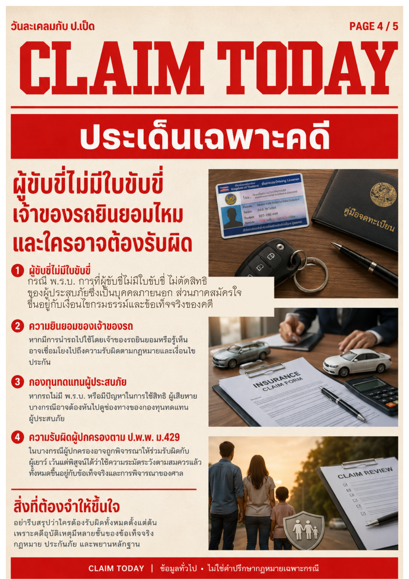 หน้า 4: ประเด็นเฉพาะคดี ผู้ขับขี่ไม่มีใบขับขี่ ความยินยอมเจ้าของรถ กองทุนทดแทนผู้ประสบภัย และ ม.429 (ภาพประกอบต้นฉบับ)